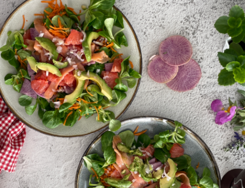 SALADE DE PRINTEMPS: MÂCHE, RADIS NOIR, POMELO, TRUITE FUMEE, AVOCAT